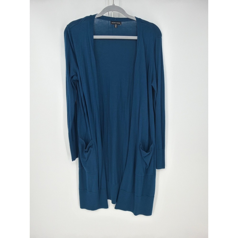 Universal Standard Cardigan Womens 2XS Teal Blue Longline Open Front Wool Blend